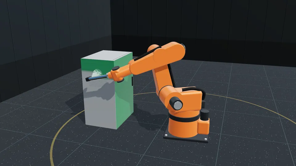 Робот KUKA з пістолетом фарбує бічну грань шафи, видно факел